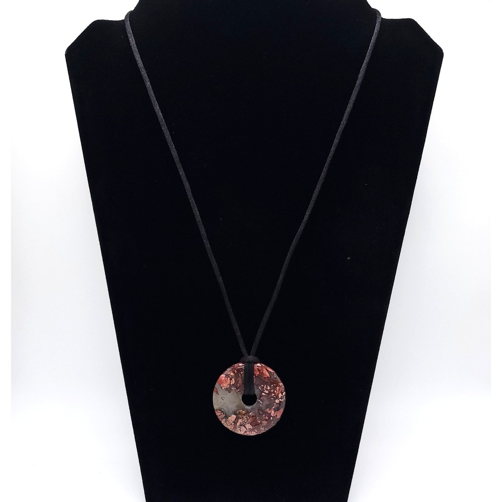 Leopard Skin Jasper Donut Pendant Necklace Brown Gray Bohemian Unisex 22in